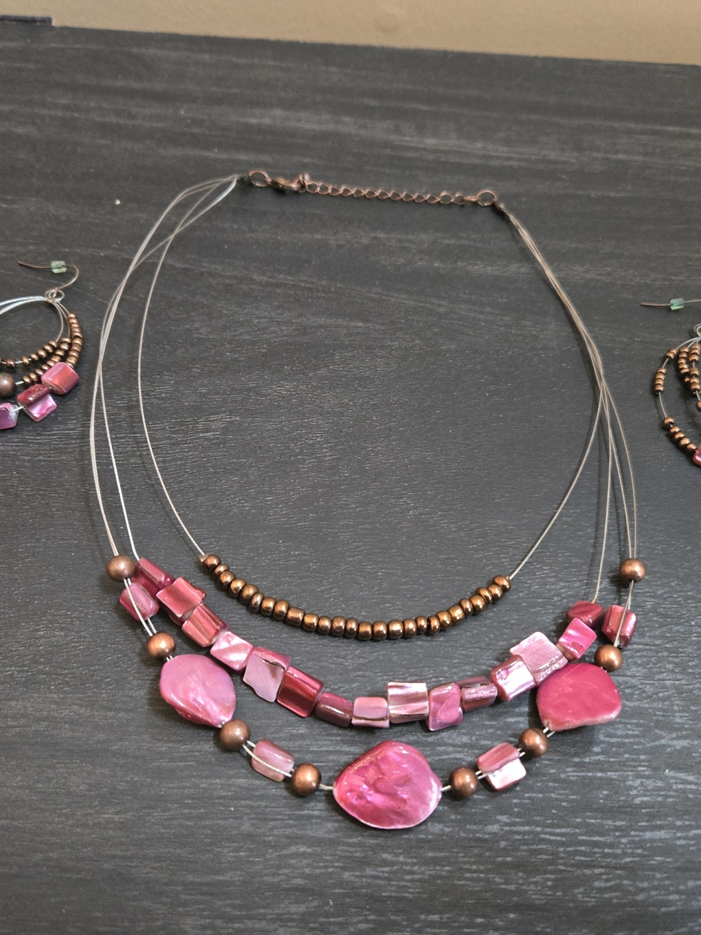 Pink Multi-Strand Beaded Necklace with Copper Accents And Matching Earrings